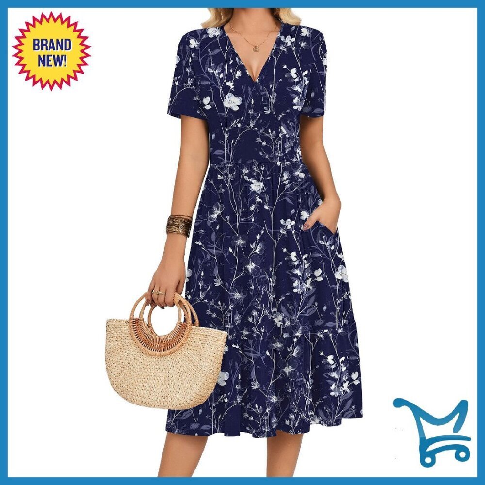 Womens Midi Floral Dress with Pockets V-Neck Tiered A-Line Sundress